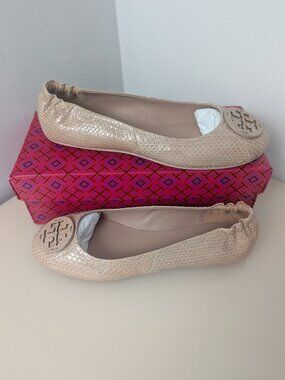 Tory Burch $228 Minnie Travel Ballet Flats Snake Embossed MANY SIZES Meadowsweet